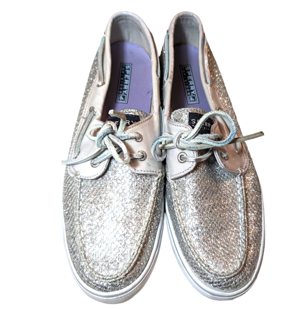 Sperry 10 Women's Loafers Silver Metallic Sequins Slipon Boat Shoes